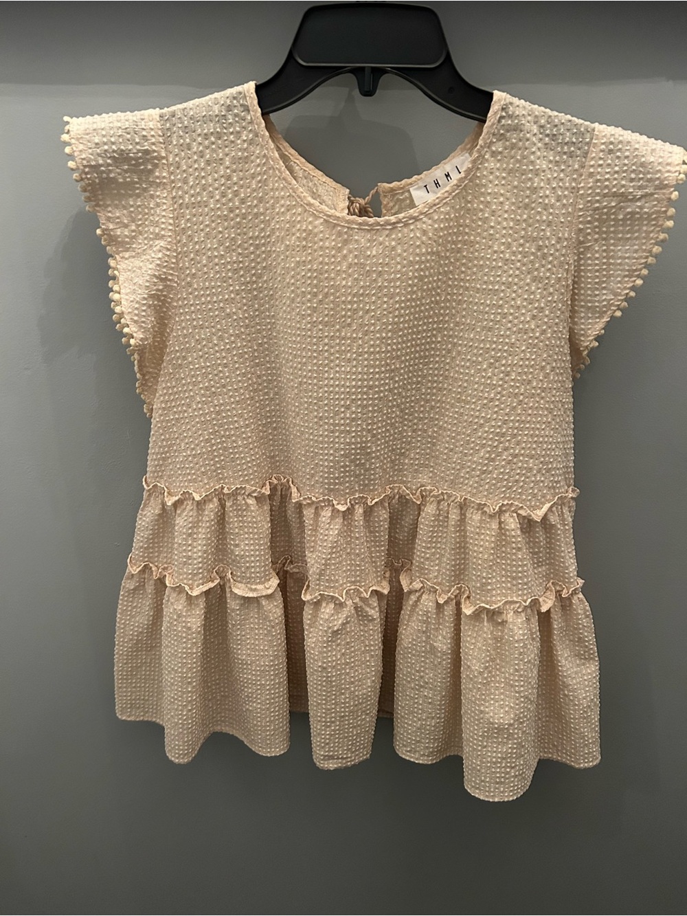 THML women’s Light Cream & yellow Textured Ruffle Blouse